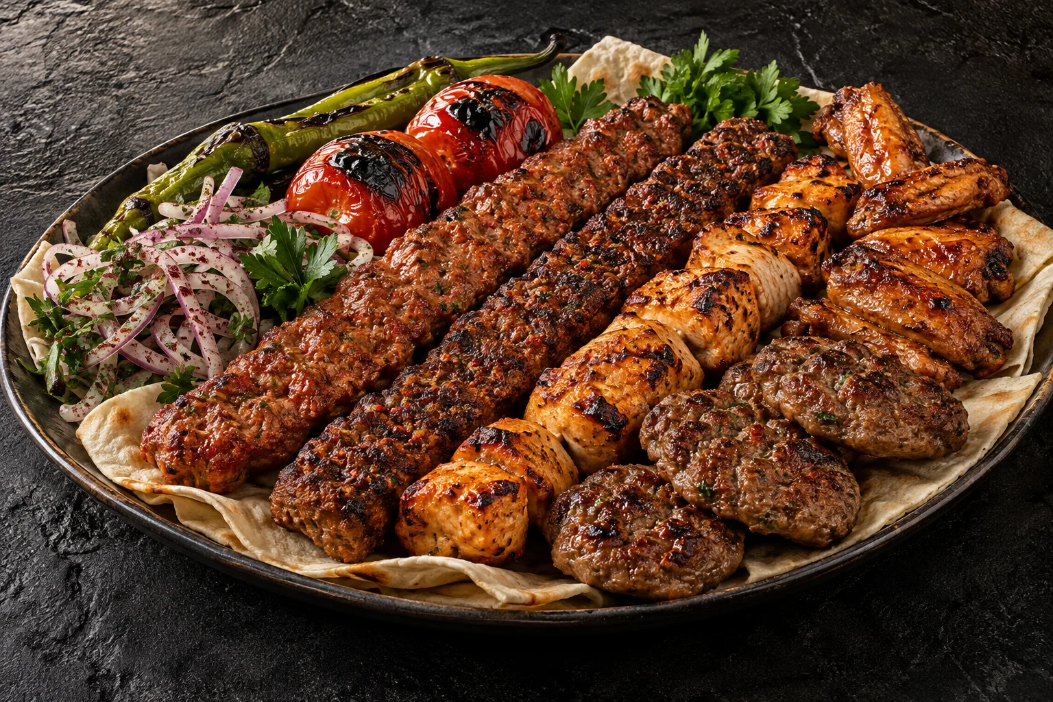 Kebap, köfte ve tavuk çeşitlerinden oluşan temsili ızgara sunumu